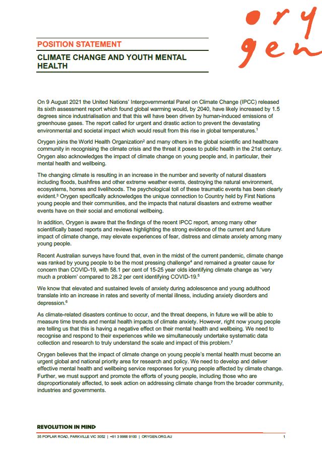 Position statement: climate change and youth mental health