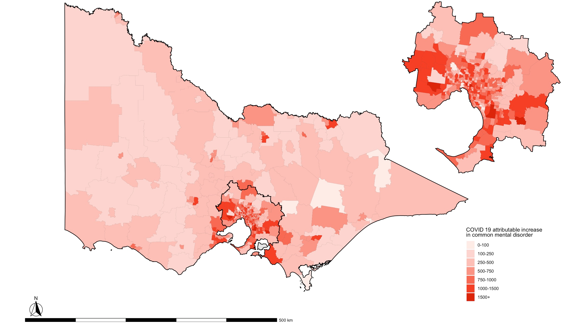 COVID-19-attributable increase in common mental disorders in 2025 by SA2 areas (4-84 year olds)